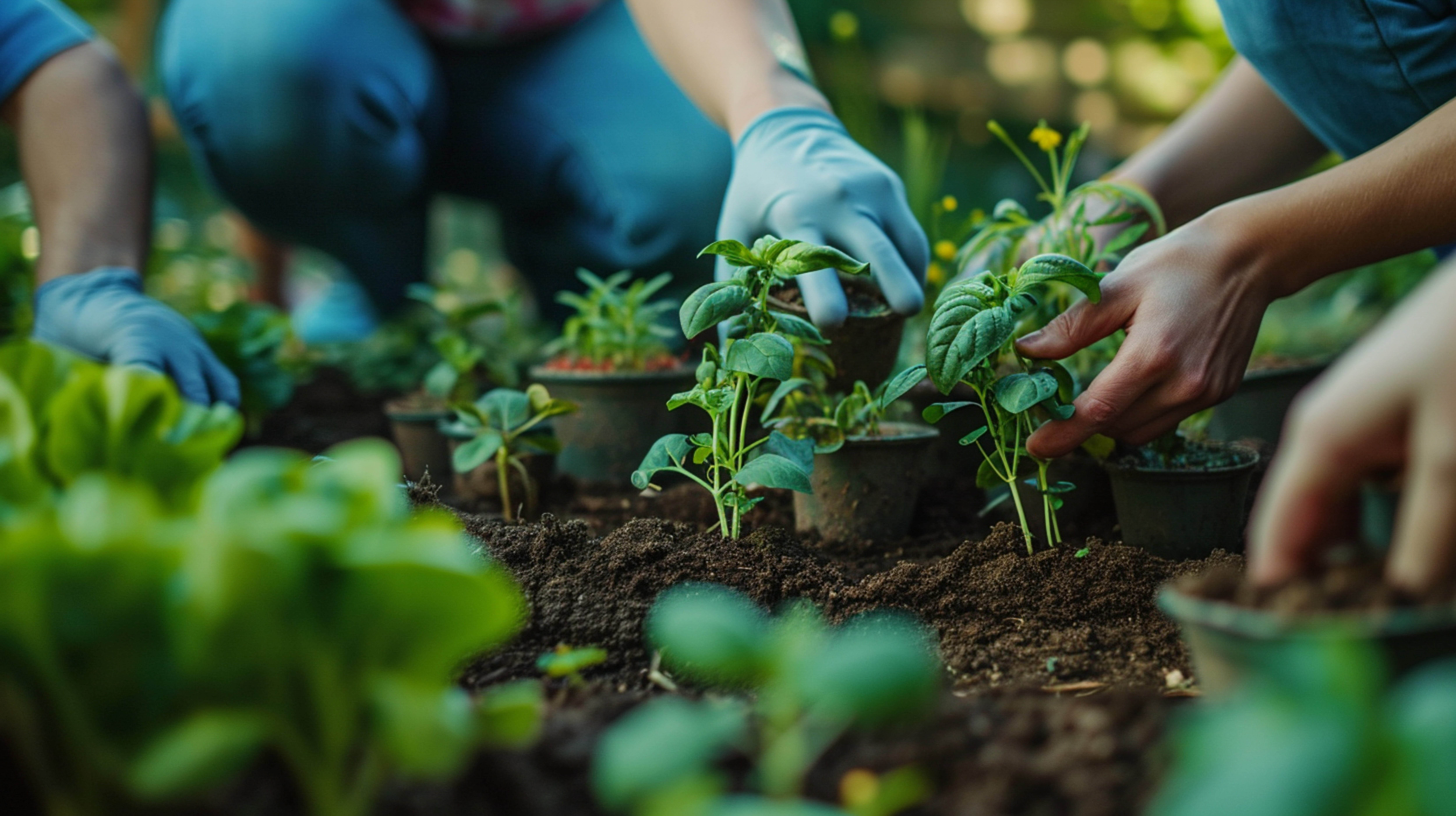 People wearing gloves transplant small plants into soil among potted seedlings in a garden bed.