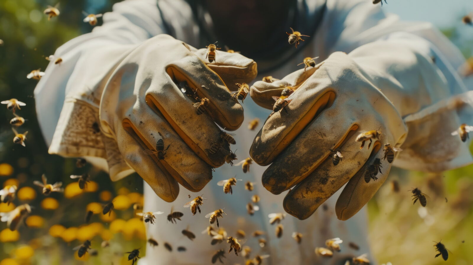 Beekeeper's gloved hands surrounded by buzzing bees outdoors, focusing on the protective gear and active swarm.