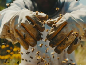 Beekeeper's gloved hands surrounded by buzzing bees outdoors, focusing on the protective gear and active swarm.