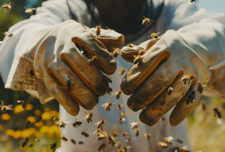 Beekeeper's gloved hands surrounded by buzzing bees outdoors, focusing on the protective gear and active swarm.