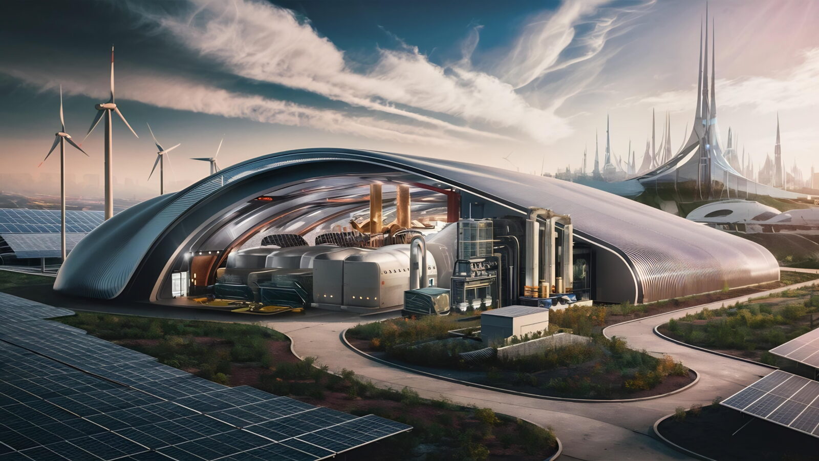 Futuristic eco-city with wind turbines, solar panels, and curved metallic buildings in a sunny landscape