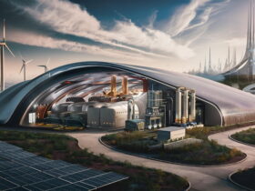 Futuristic eco-city with wind turbines, solar panels, and curved metallic buildings in a sunny landscape