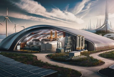Futuristic eco-city with wind turbines, solar panels, and curved metallic buildings in a sunny landscape