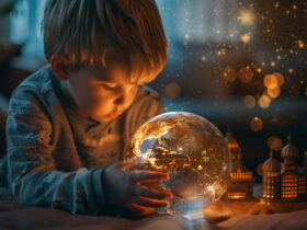 Young child touching a glowing globe, warm light reflecting on the face with bokeh city lights in the background
