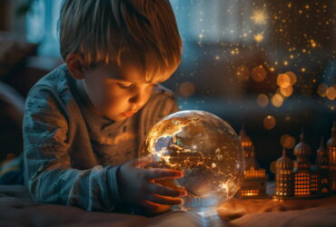 Young child touching a glowing globe, warm light reflecting on the face with bokeh city lights in the background