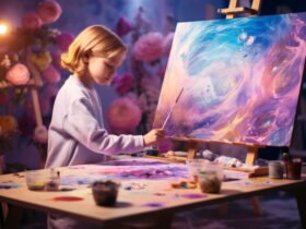 Child stands at an easel, painting a swirling, colorful abstract canvas in a vibrant studio.
