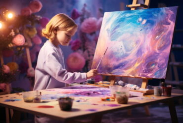 Child stands at an easel, painting a swirling, colorful abstract canvas in a vibrant studio.