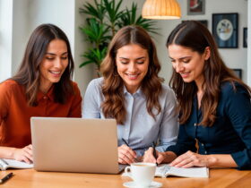 Three women leaning over a laptop on a wooden table, smiling and taking notes.