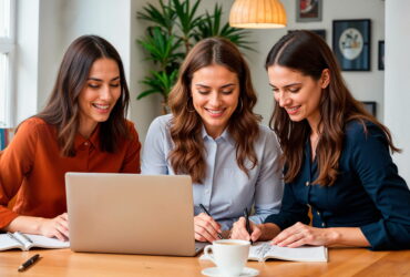Three women leaning over a laptop on a wooden table, smiling and taking notes.