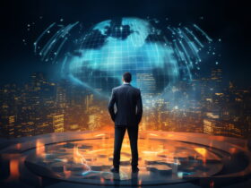 Businessperson in a suit stands on a glowing circular platform, facing a blue holographic globe over a city skyline at night.