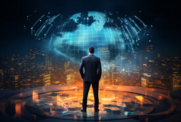 Businessperson in a suit stands on a glowing circular platform, facing a blue holographic globe over a city skyline at night.
