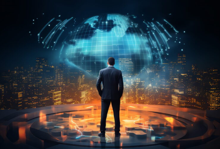 Businessperson in a suit stands on a glowing circular platform, facing a blue holographic globe over a city skyline at night.