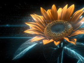 Close-up of a glowing orange sunflower against a dark, tech-inspired background with blue light streaks.