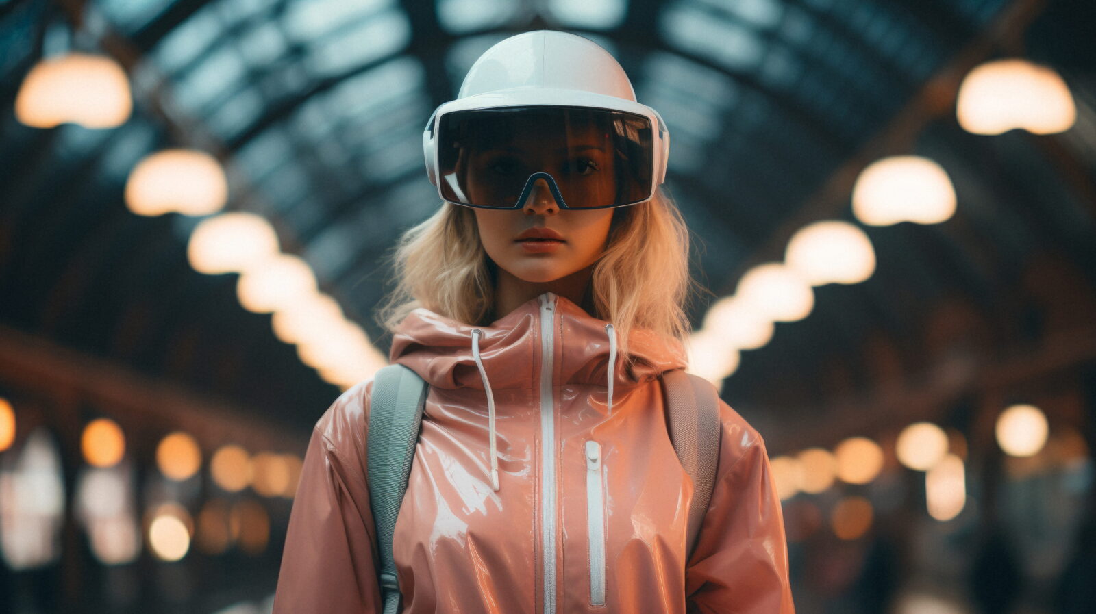 Person wearing a glossy pink jacket and futuristic visor helmet, standing in a warmly lit indoor space with blurred lights in the background