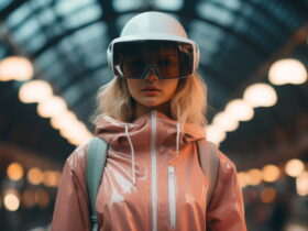 Person wearing a glossy pink jacket and futuristic visor helmet, standing in a warmly lit indoor space with blurred lights in the background