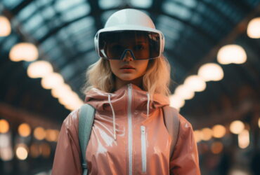 Person wearing a glossy pink jacket and futuristic visor helmet, standing in a warmly lit indoor space with blurred lights in the background