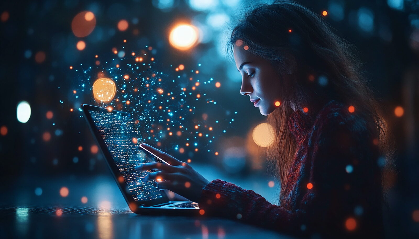 Woman using a laptop at night, with glowing blue and orange data particles surrounding the screen.