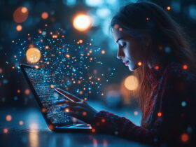 Woman using a laptop at night, with glowing blue and orange data particles surrounding the screen.