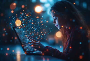 Woman using a laptop at night, with glowing blue and orange data particles surrounding the screen.