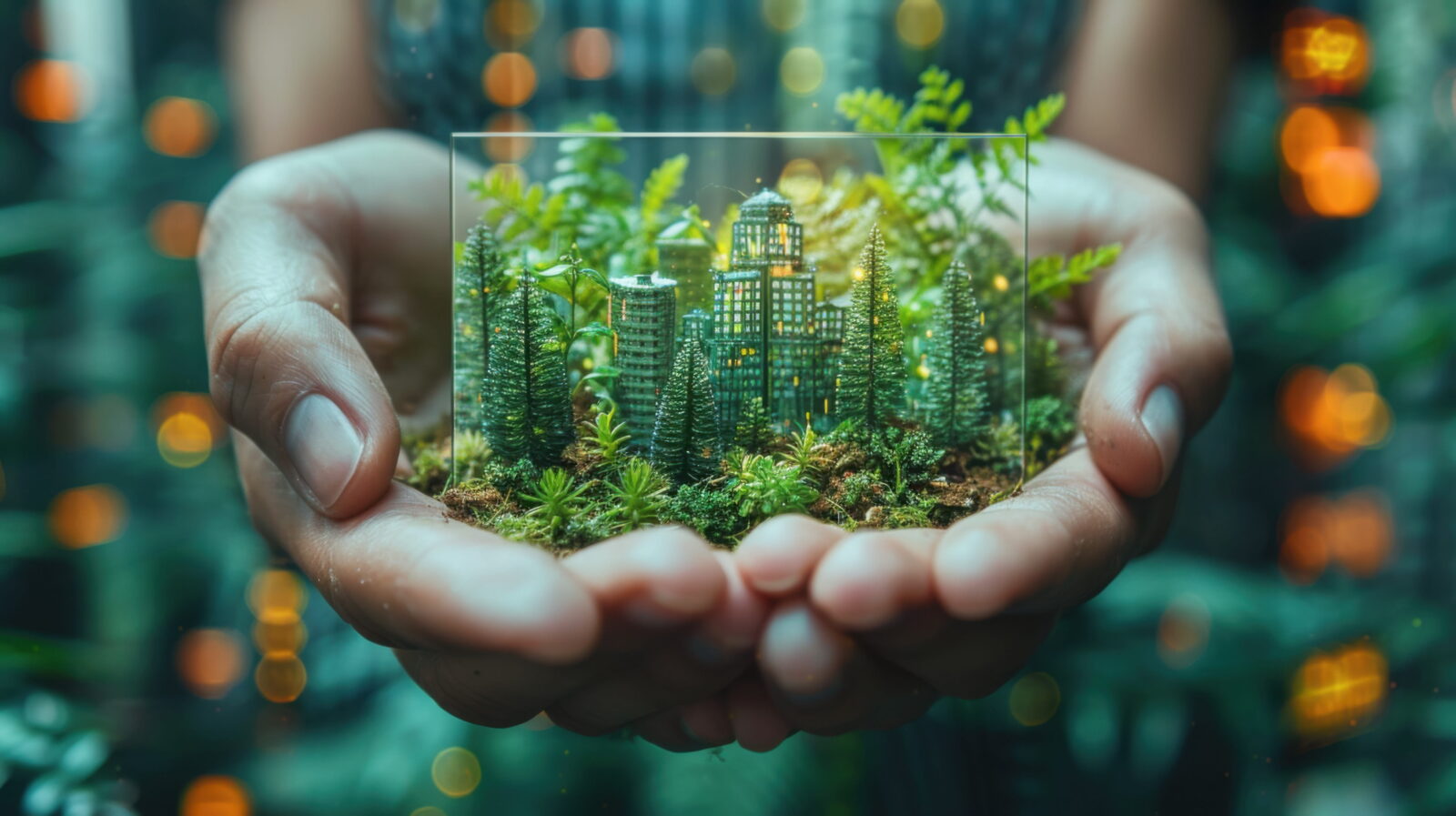 Hands gently cradle a glass cube containing a tiny illuminated city surrounded by greenery.
