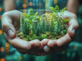 Hands gently cradle a glass cube containing a tiny illuminated city surrounded by greenery.