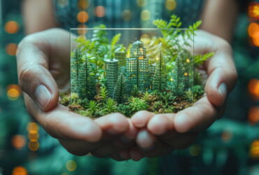 Hands gently cradle a glass cube containing a tiny illuminated city surrounded by greenery.