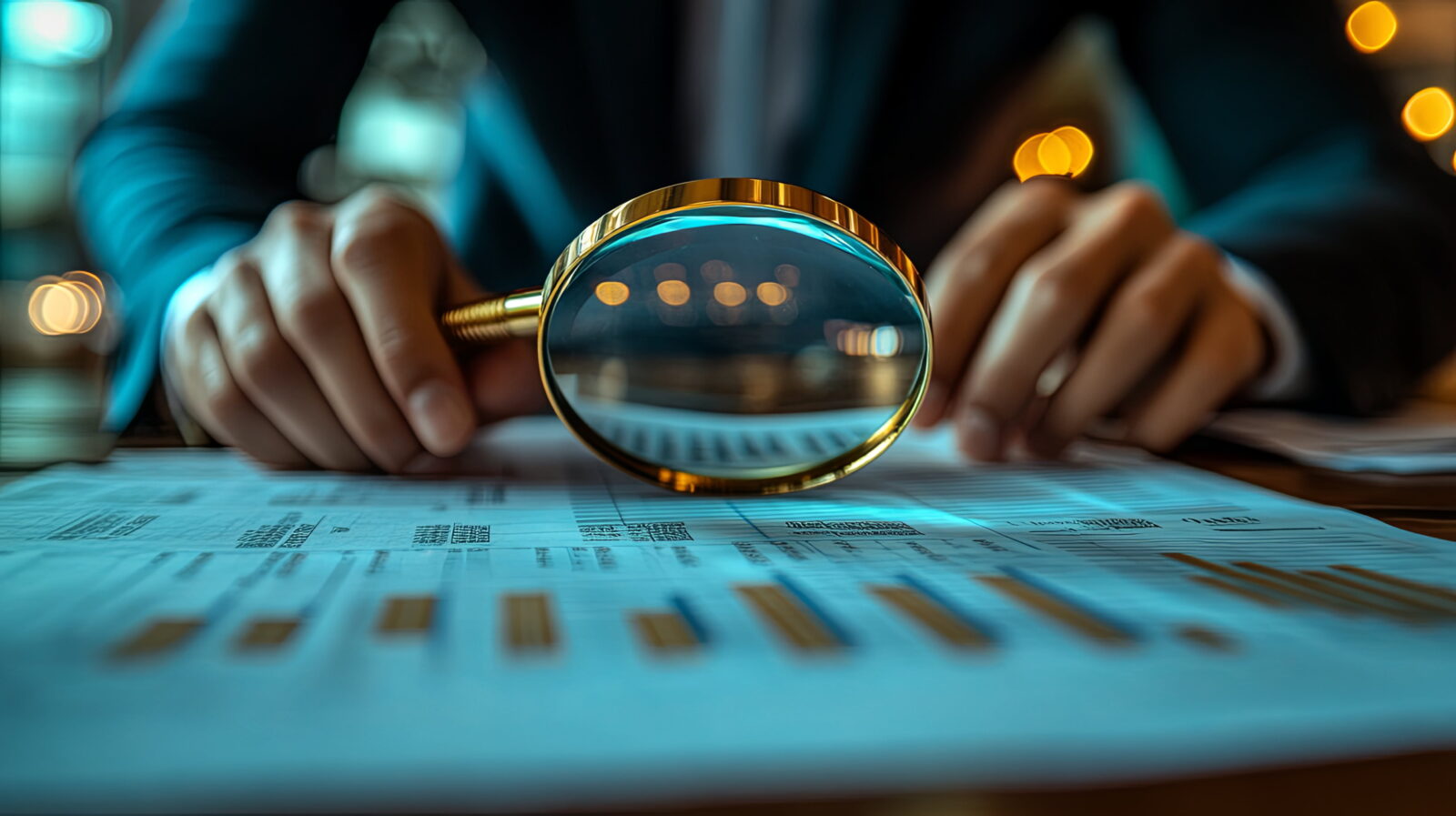 Hands rest on a desk while a gold magnifying glass focuses on a printed document with text, blue lighting.