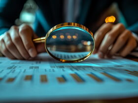 Hands rest on a desk while a gold magnifying glass focuses on a printed document with text, blue lighting.