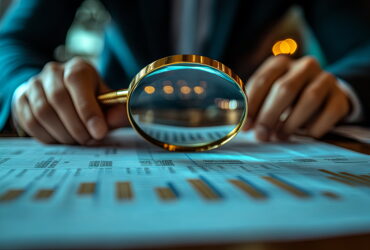 Hands rest on a desk while a gold magnifying glass focuses on a printed document with text, blue lighting.