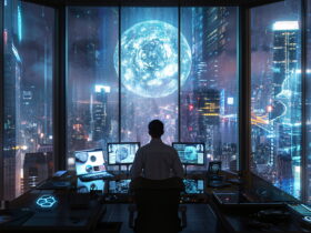 Person seated at a dark control desk in a futuristic cityscape, monitoring a glowing holographic globe projected between tall windows with multiple screens nearby