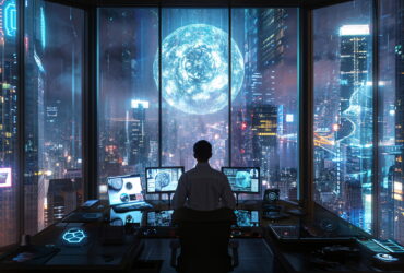 Person seated at a dark control desk in a futuristic cityscape, monitoring a glowing holographic globe projected between tall windows with multiple screens nearby