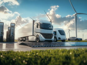 White electric semi-trailer truck at a charging station with wind turbines in a sunny, blue-sky landscape.