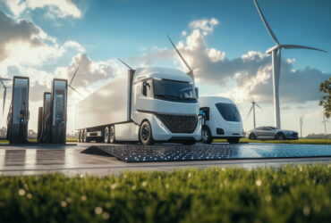 White electric semi-trailer truck at a charging station with wind turbines in a sunny, blue-sky landscape.