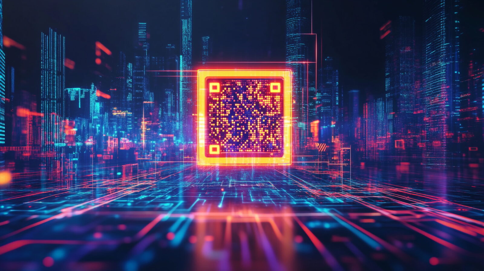 Central glowing orange-outlined QR code embedded in a neon cybercityscape, with blue and purple lights and a digital grid on the ground.