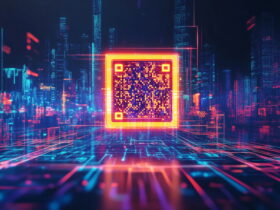Central glowing orange-outlined QR code embedded in a neon cybercityscape, with blue and purple lights and a digital grid on the ground.