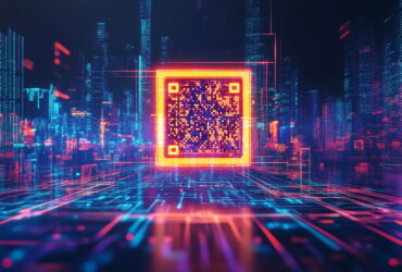 Central glowing orange-outlined QR code embedded in a neon cybercityscape, with blue and purple lights and a digital grid on the ground.