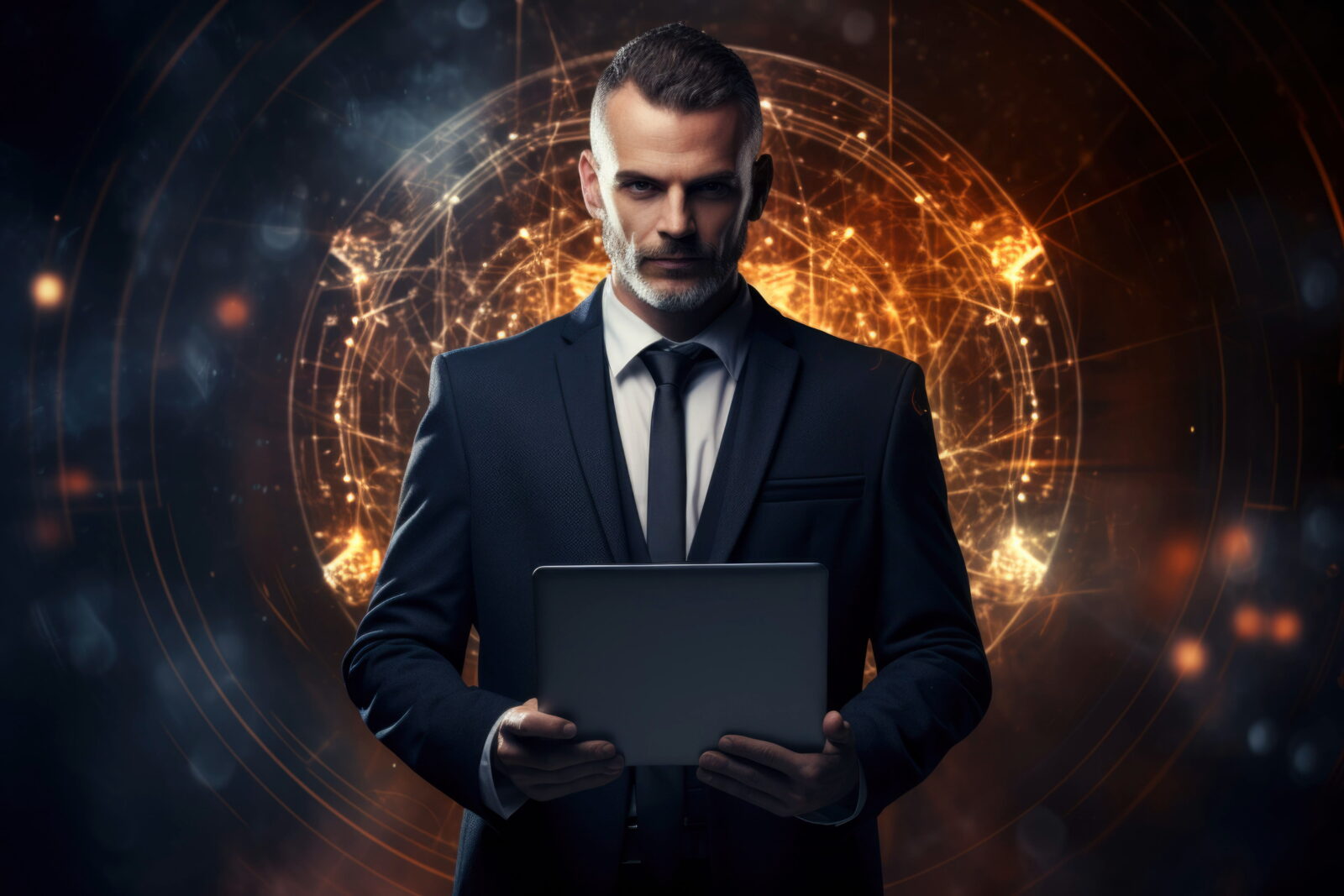 Businessman in a dark suit holding a tablet, with a glowing orange digital network behind him.
