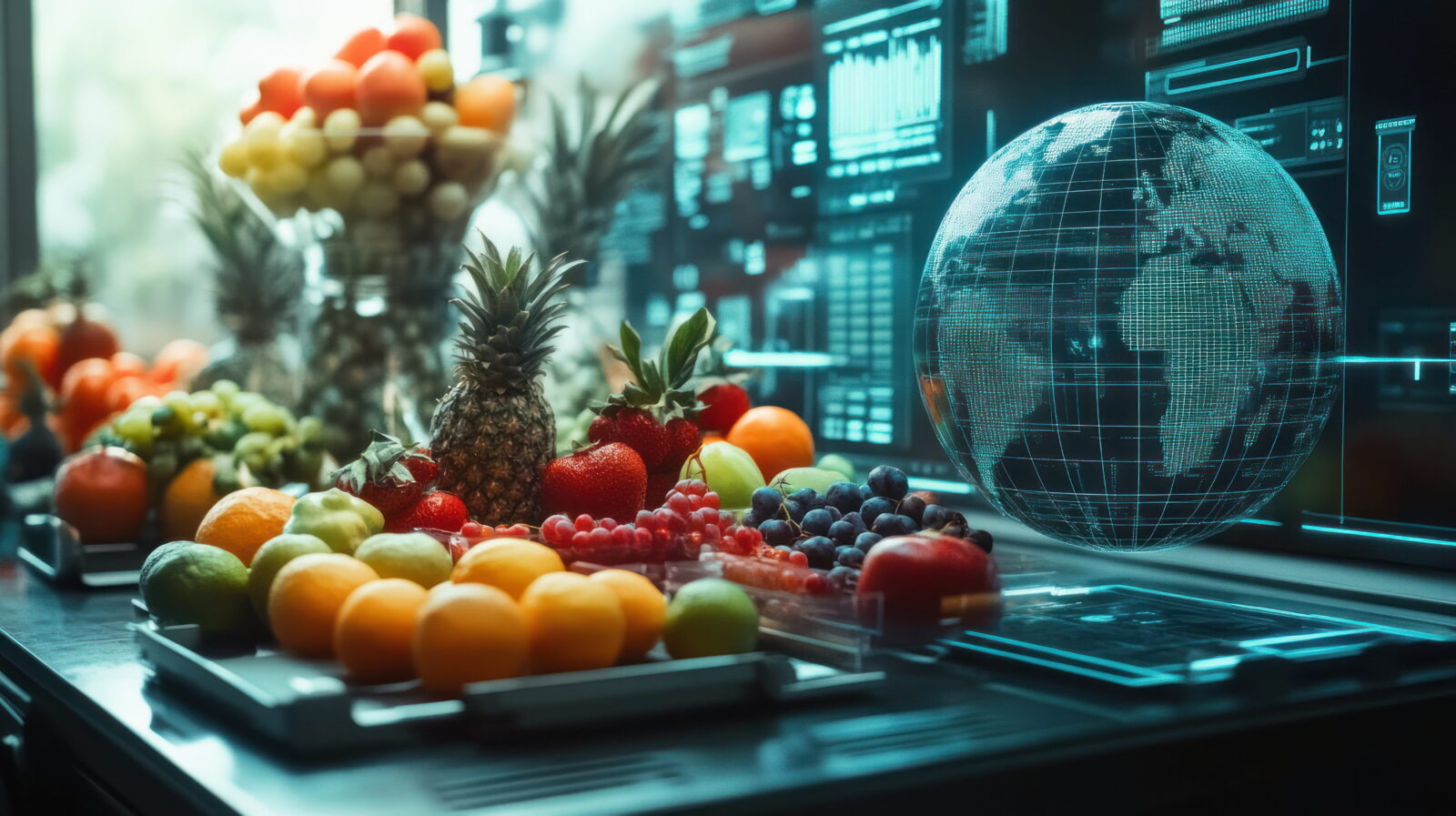 Colorful fruit display on a conveyor belt beside a teal holographic globe and futuristic data screens in the background, suggesting tech-enabled global sourcing.