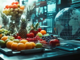 Colorful fruit display on a conveyor belt beside a teal holographic globe and futuristic data screens in the background, suggesting tech-enabled global sourcing.