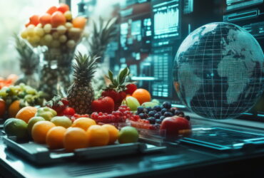 Colorful fruit display on a conveyor belt beside a teal holographic globe and futuristic data screens in the background, suggesting tech-enabled global sourcing.