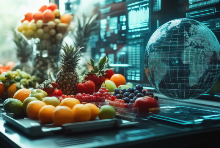Colorful fruit display on a conveyor belt beside a teal holographic globe and futuristic data screens in the background, suggesting tech-enabled global sourcing.