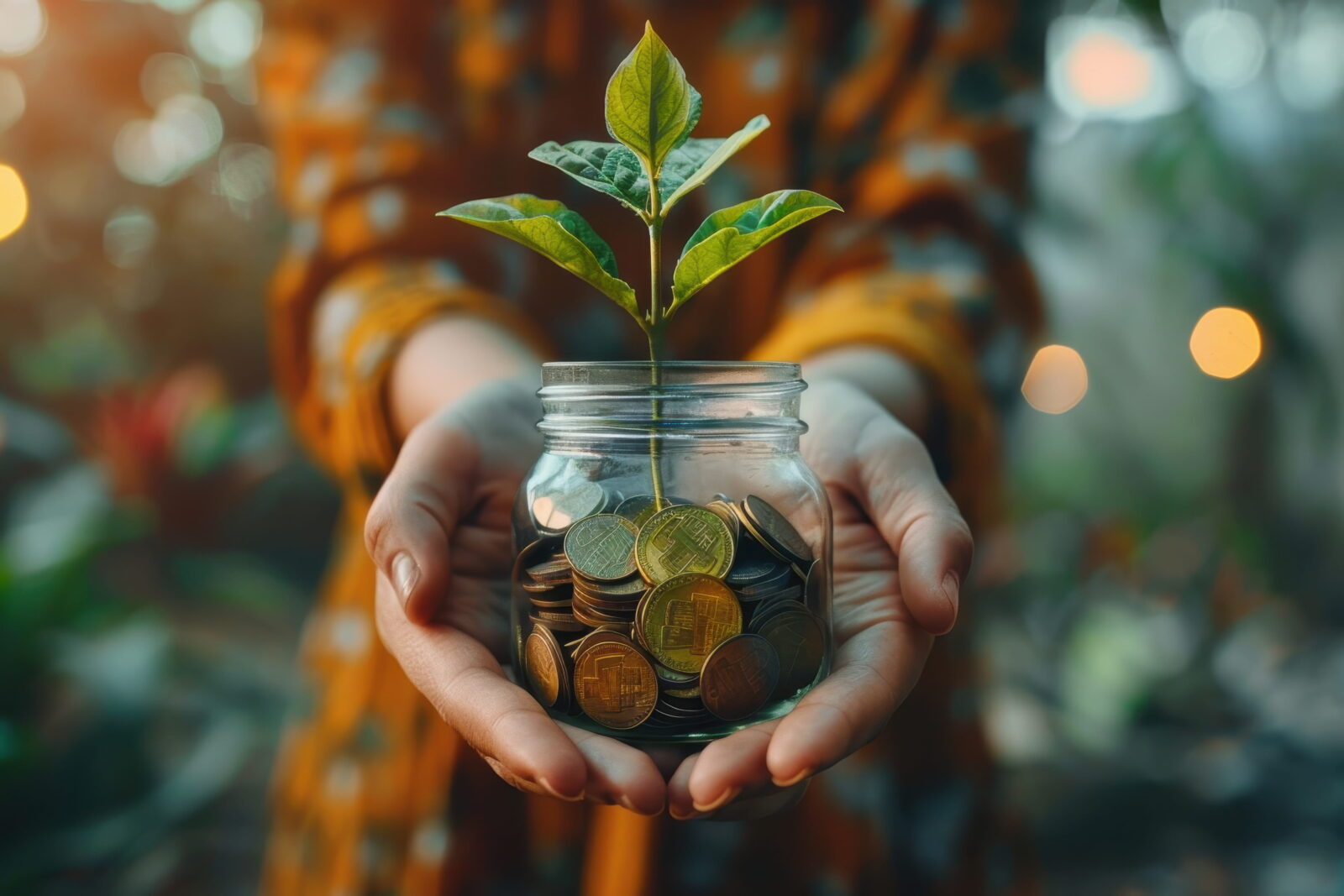 Hands holding a glass jar filled with coins, with a small plant sprouting from the top.