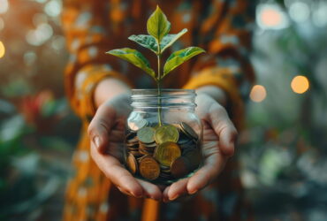 Hands holding a glass jar filled with coins, with a small plant sprouting from the top.