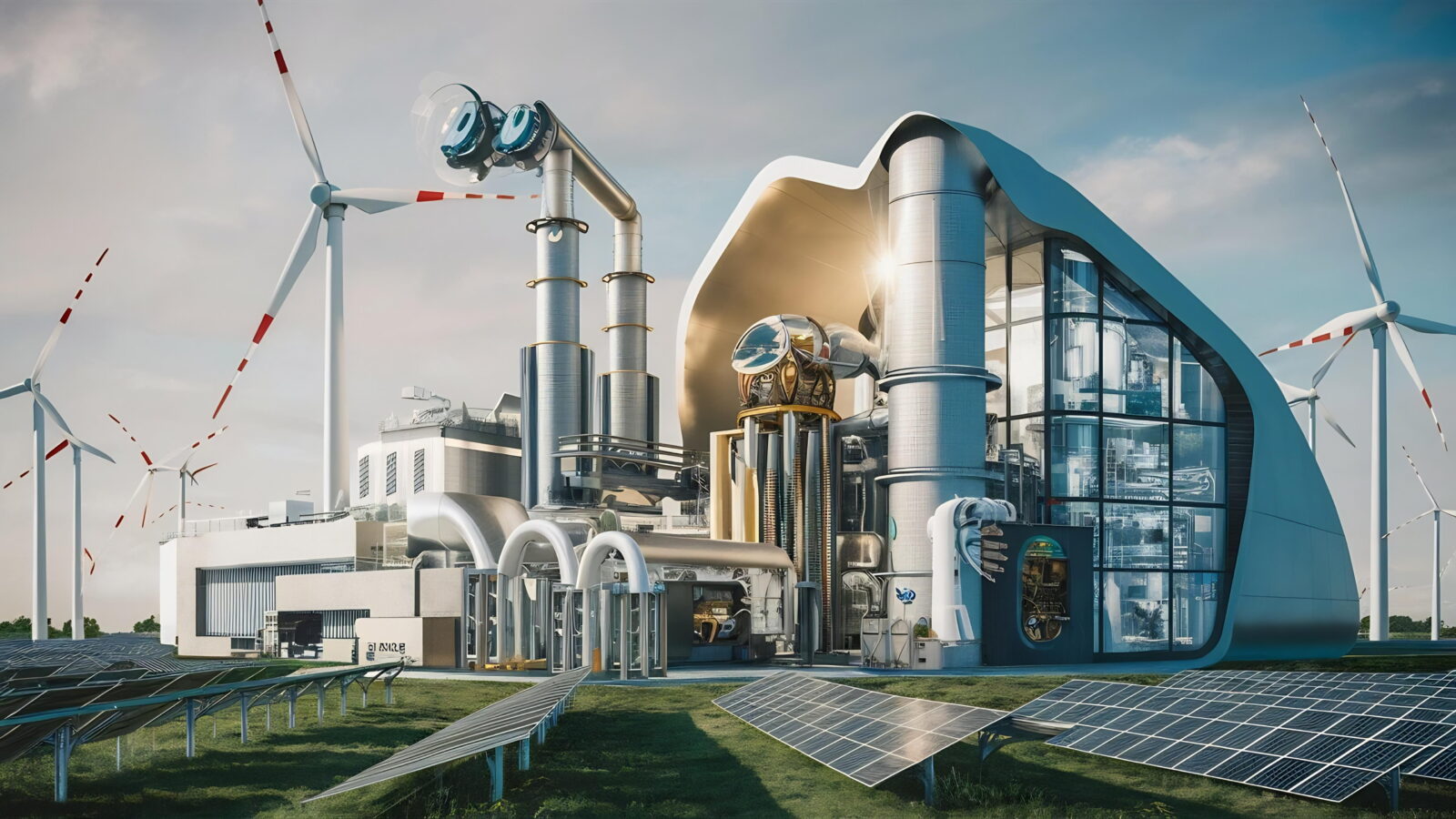 Futuristic energy plant with wind turbines and photovoltaic solar panels under a blue sky.