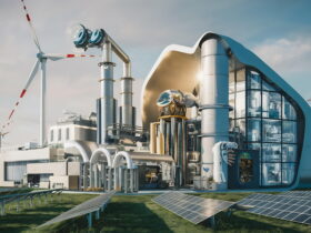 Futuristic energy plant with wind turbines and photovoltaic solar panels under a blue sky.