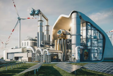 Futuristic energy plant with wind turbines and photovoltaic solar panels under a blue sky.