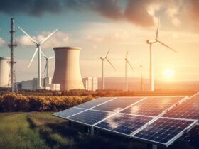 Solar panels in the foreground with wind turbines and cooling towers on a horizon at sunset, illustrating renewable energy mix.