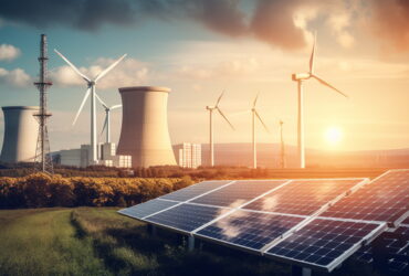 Solar panels in the foreground with wind turbines and cooling towers on a horizon at sunset, illustrating renewable energy mix.