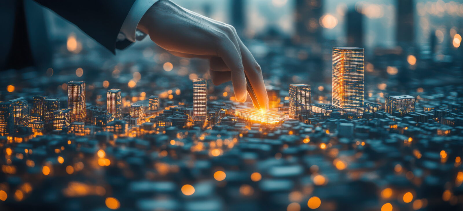 A hand touches a glowing miniature city model, highlighting illuminated skyscrapers as part of urban planning or smart cities concept.