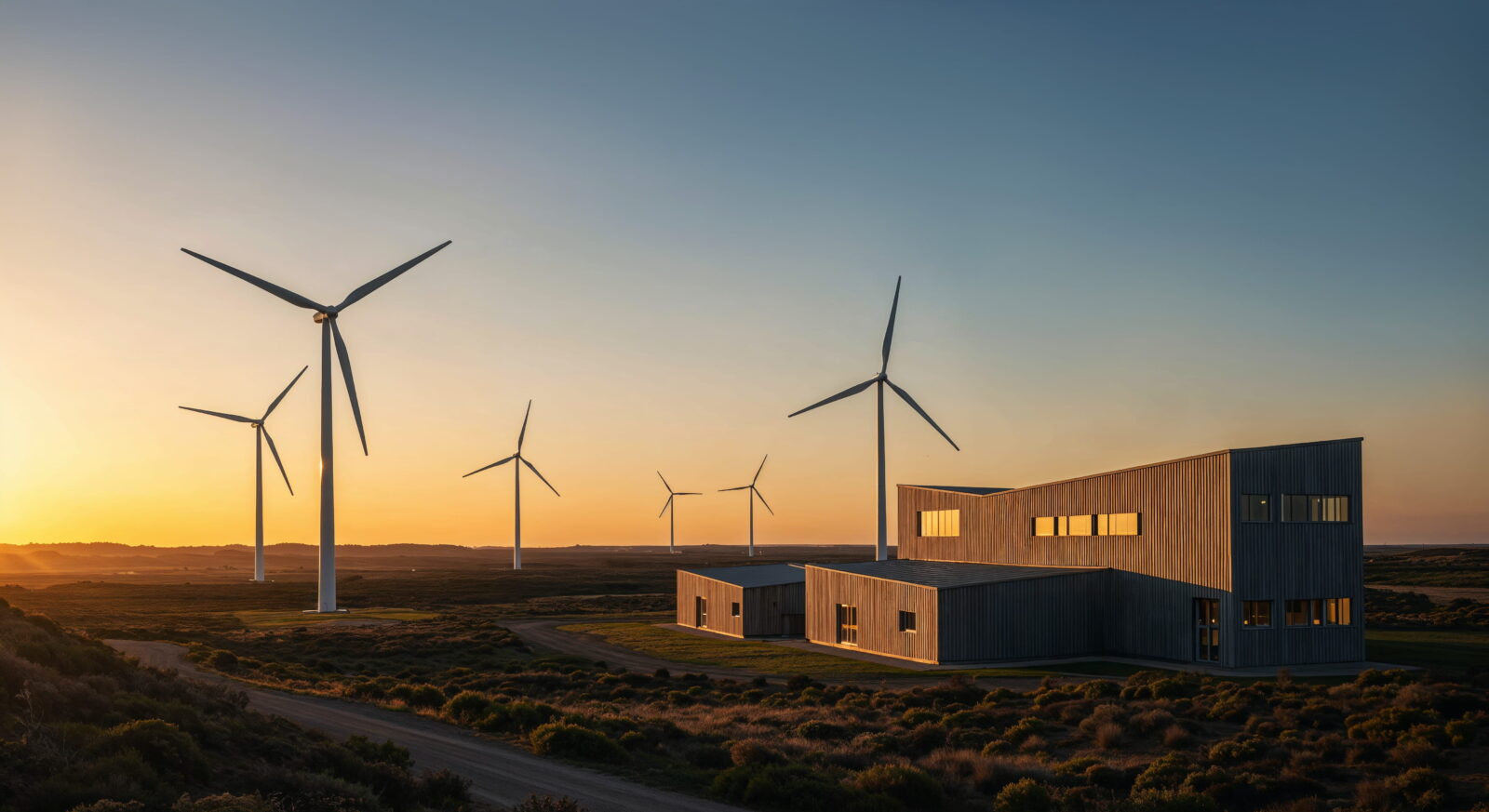 Wind turbines near a modern building at sunset on a flat, grassy landscape.